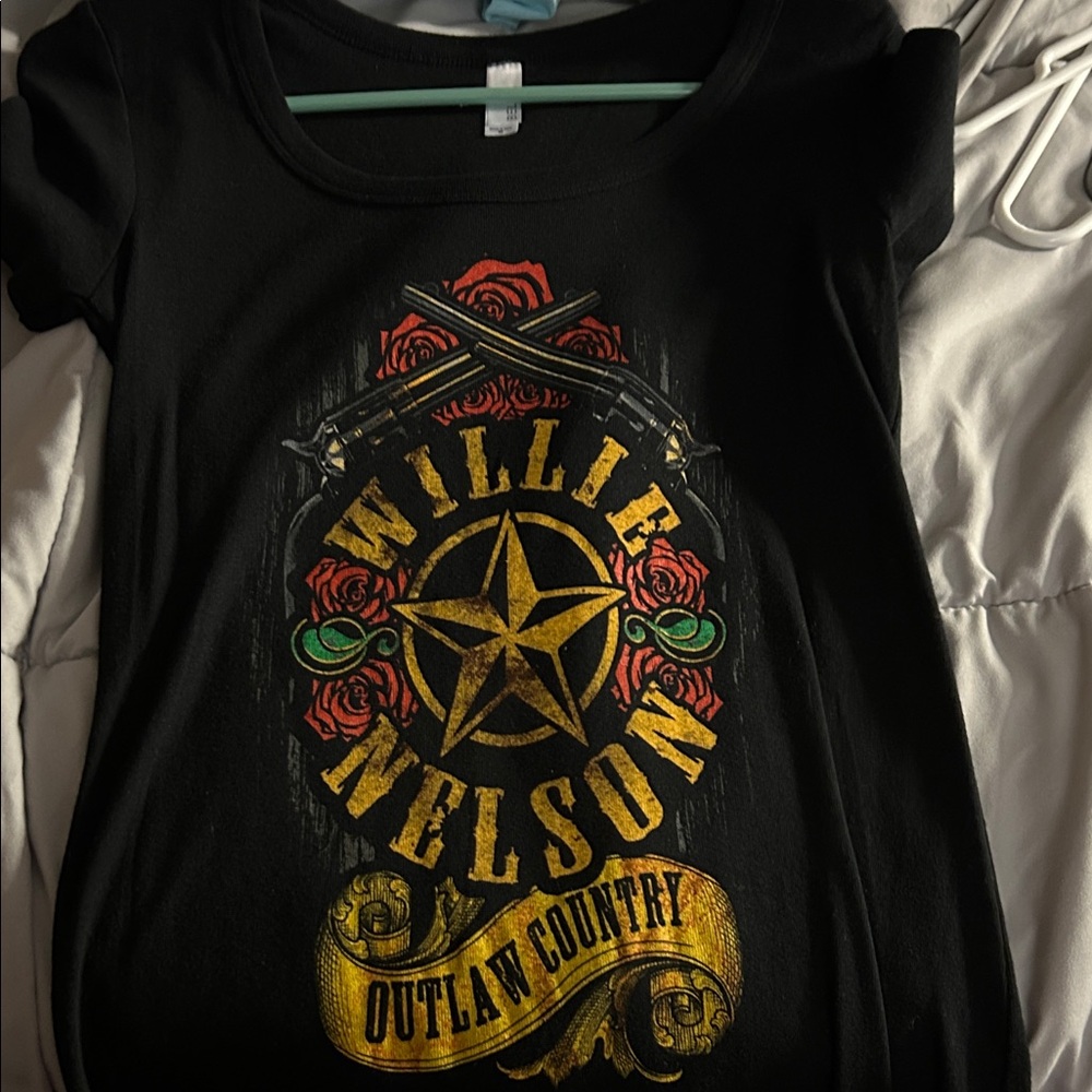 Willie Nelson Black Graphic Tee with Star and Rose Design